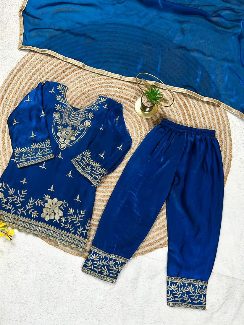 Evanik Blue Silk Blend Embroidered Kids Top Salwar & Dupatta