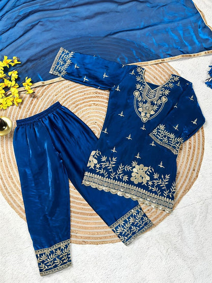 Evanik Blue Silk Blend Embroidered Kids Top Salwar & Dupatta