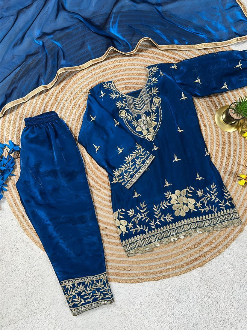 Evanik Blue Silk Blend Embroidered Kids Top Salwar & Dupatta