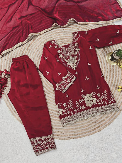 Evanik Maroon Silk Blend Embroidered Kids Top Salwar & Dupatta