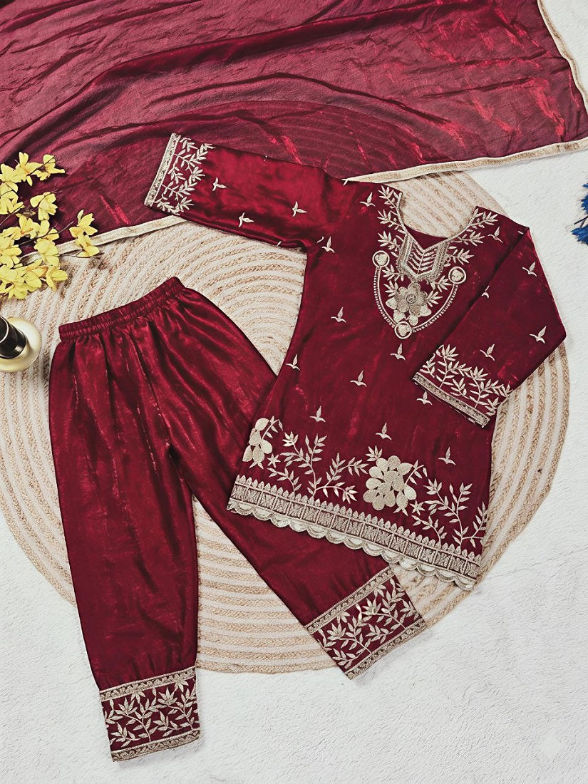 Evanik Maroon Silk Blend Embroidered Kids Top Salwar & Dupatta