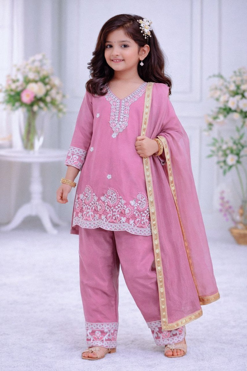 Evanik Pink Premium Chinon Silk Kids Party Wear Kurta Set