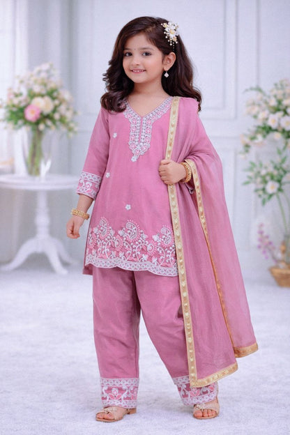 Evanik Pink Premium Chinon Silk Kids Party Wear Kurta Set