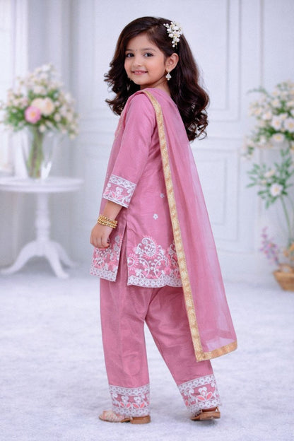 Evanik Pink Premium Chinon Silk Kids Party Wear Kurta Set