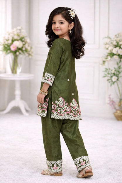 Evanik Green Premium Chinon Silk Kids Party Wear Kurta Set