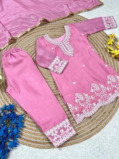 Evanik Pink Premium Chinon Silk Kids Party Wear Kurta Set