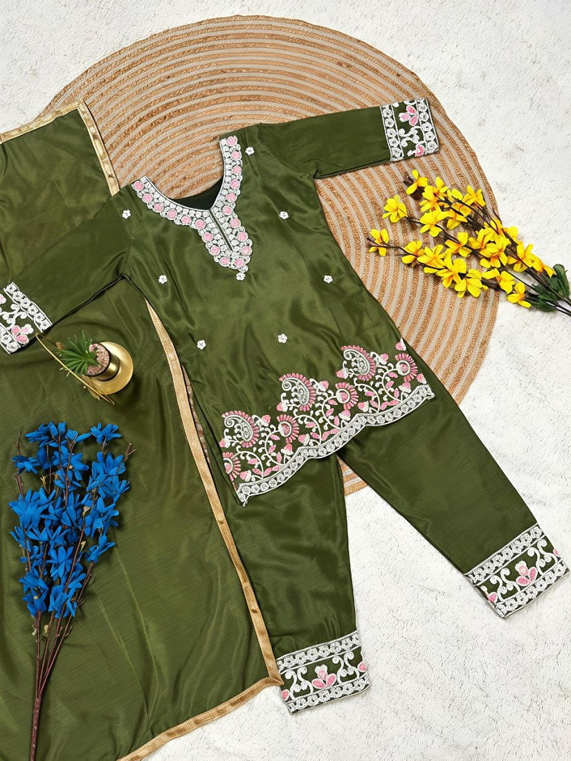 Evanik Green Premium Chinon Silk Kids Party Wear Kurta Set