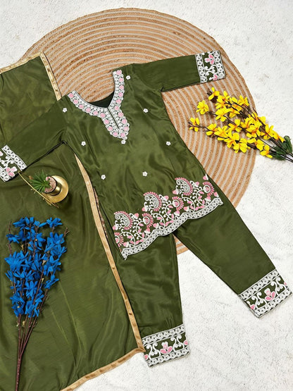 Evanik Green Premium Chinon Silk Kids Party Wear Kurta Set