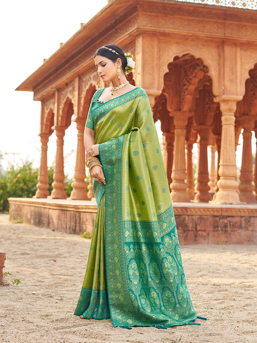 Monjolika Fashion Women's Green Soft Banarasi Silk Blend Zari Woven Saree With Blouse