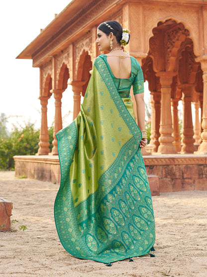Monjolika Fashion Women's Green Soft Banarasi Silk Blend Zari Woven Saree With Blouse