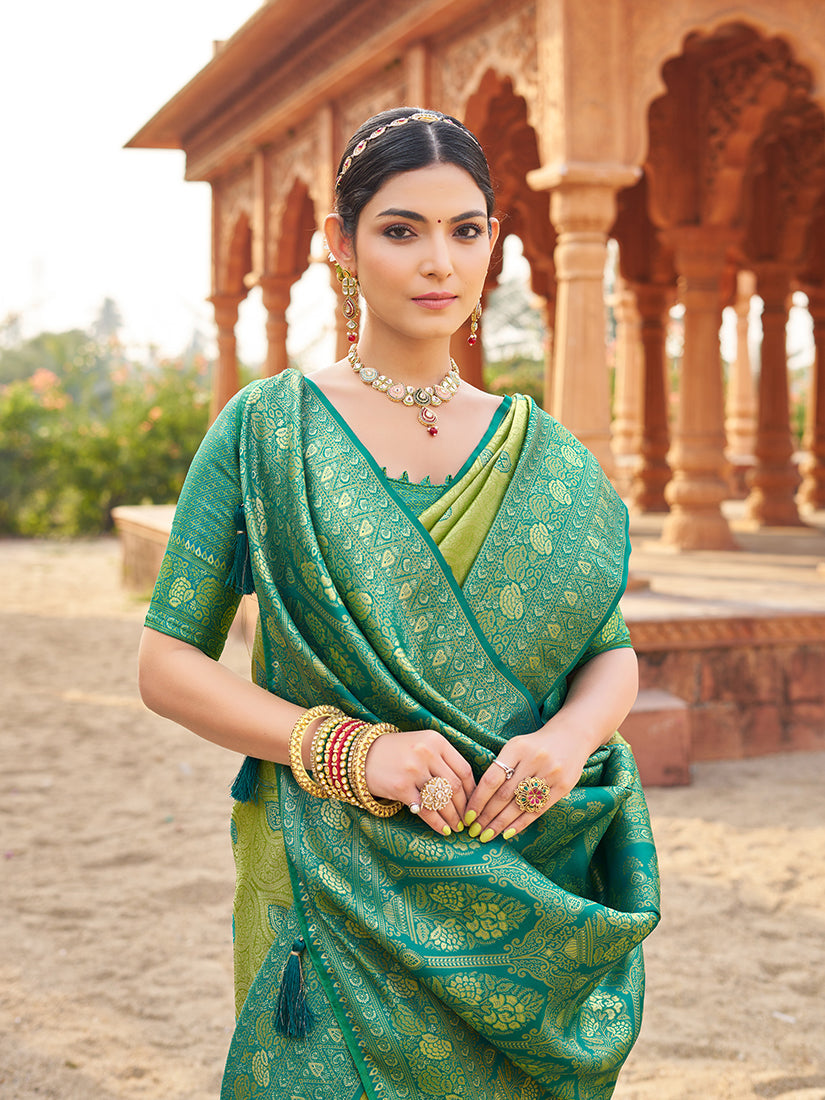 Monjolika Fashion Women's Green Soft Banarasi Silk Blend Zari Woven Saree With Blouse