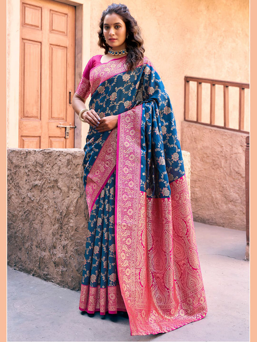 Monjolika Fashion Navy Blue Soft Banarasi Silk Blend Zari Woven Saree With Blouse
