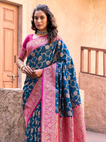 Monjolika Fashion Navy Blue Soft Banarasi Silk Blend Zari Woven Saree With Blouse