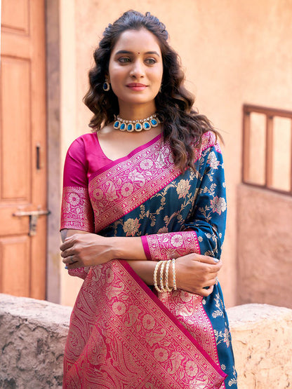 Monjolika Fashion Navy Blue Soft Banarasi Silk Blend Zari Woven Saree With Blouse