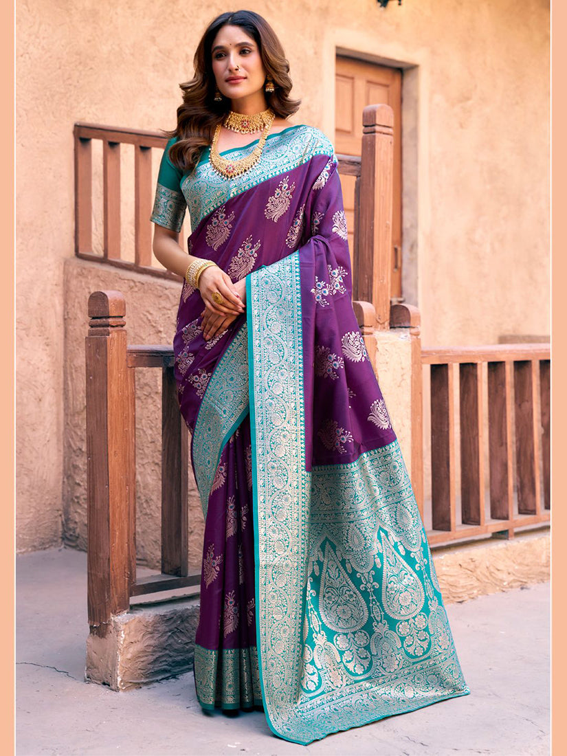Monjolika Fashion Purple Soft Banarasi Silk Blend Zari Woven Saree With Blouse