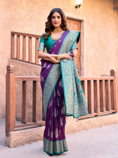 Monjolika Fashion Purple Soft Banarasi Silk Blend Zari Woven Saree With Blouse