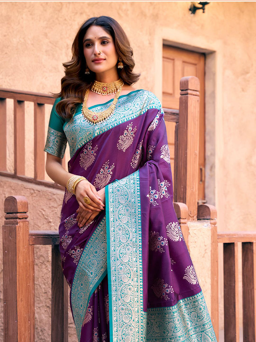 Monjolika Fashion Purple Soft Banarasi Silk Blend Zari Woven Saree With Blouse