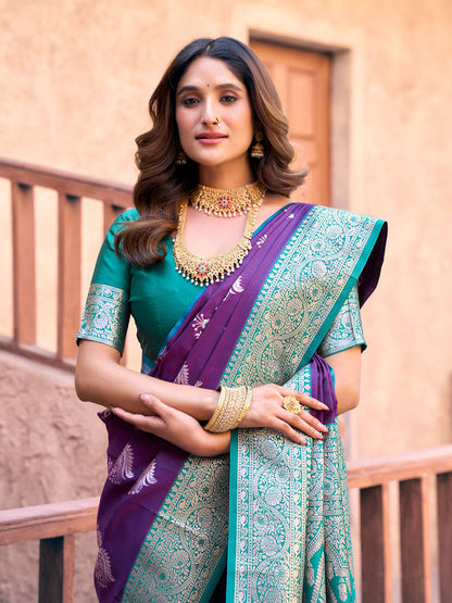 Monjolika Fashion Purple Soft Banarasi Silk Blend Zari Woven Saree With Blouse