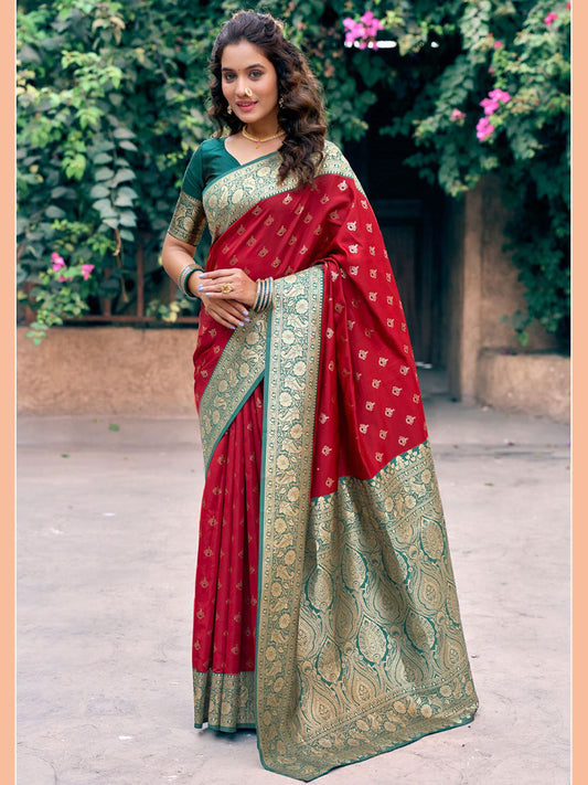 Monjolika Fashion Red Soft Banarasi Silk Blend Zari Woven Saree With Blouse