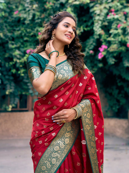 Monjolika Fashion Red Soft Banarasi Silk Blend Zari Woven Saree With Blouse