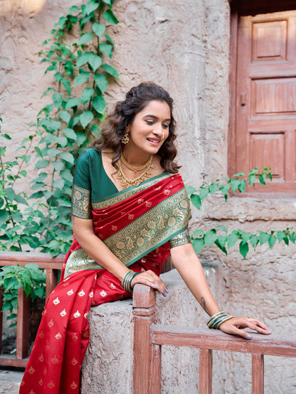 Monjolika Fashion Red Soft Banarasi Silk Blend Zari Woven Saree With Blouse