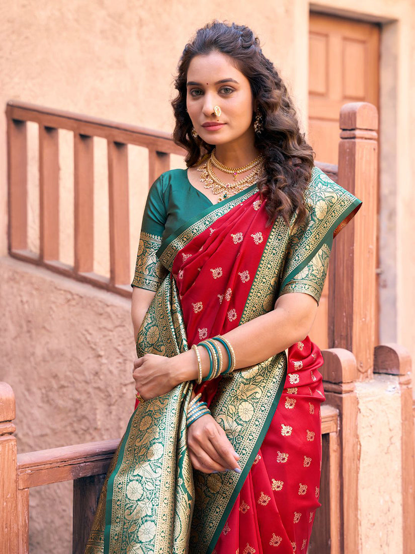 Monjolika Fashion Red Soft Banarasi Silk Blend Zari Woven Saree With Blouse