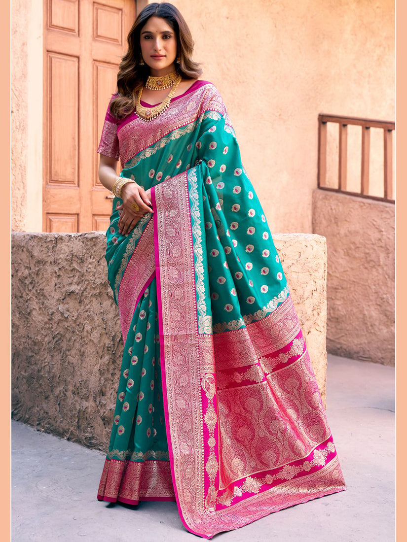 Monjolika Fashion Turquoise Soft Banarasi Silk Blend Zari Woven Saree With Blouse