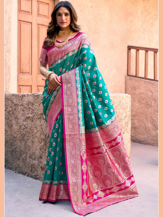Monjolika Fashion Turquoise Soft Banarasi Silk Blend Zari Woven Saree With Blouse