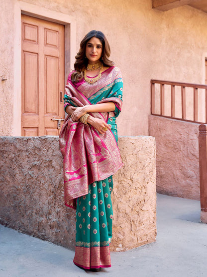 Monjolika Fashion Turquoise Soft Banarasi Silk Blend Zari Woven Saree With Blouse