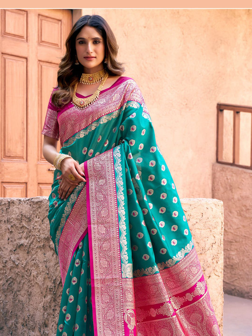 Monjolika Fashion Turquoise Soft Banarasi Silk Blend Zari Woven Saree With Blouse