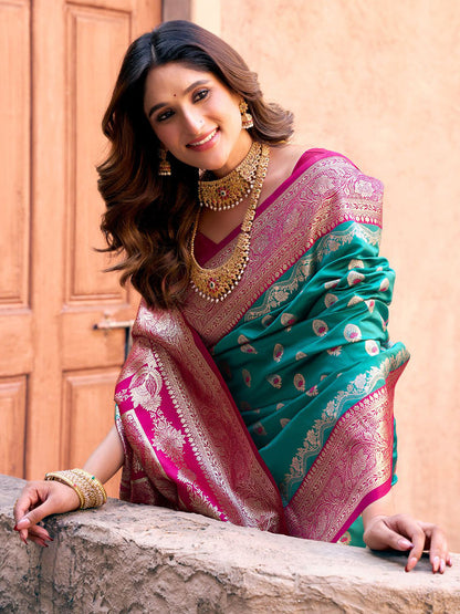 Monjolika Fashion Turquoise Soft Banarasi Silk Blend Zari Woven Saree With Blouse