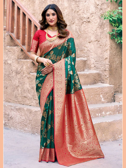 Monjolika Fashion Dark Green Soft Banarasi Silk Blend Zari Woven Saree With Blouse