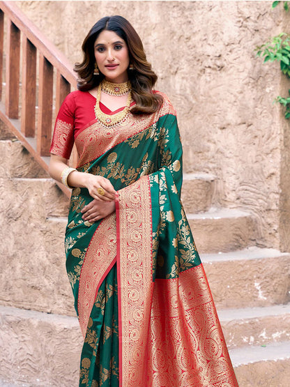 Monjolika Fashion Dark Green Soft Banarasi Silk Blend Zari Woven Saree With Blouse