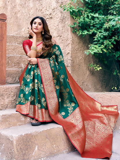 Monjolika Fashion Dark Green Soft Banarasi Silk Blend Zari Woven Saree With Blouse