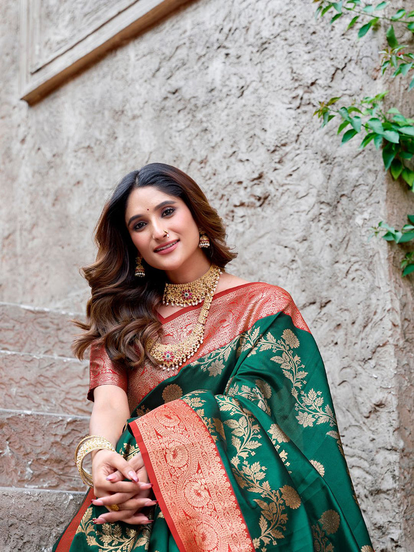 Monjolika Fashion Dark Green Soft Banarasi Silk Blend Zari Woven Saree With Blouse