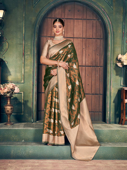 Monjolika Fashion Bottle Green Soft Banarasi Silk Blend Saree with Gold Zari Motifs and Contrast Blouse