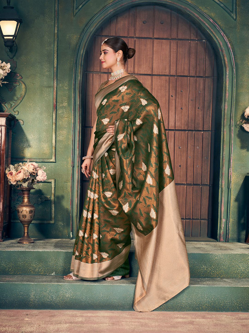 Monjolika Fashion Bottle Green Soft Banarasi Silk Blend Saree with Gold Zari Motifs and Contrast Blouse