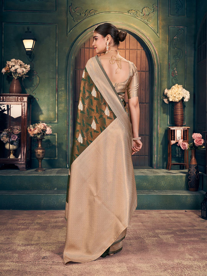 Monjolika Fashion Bottle Green Soft Banarasi Silk Blend Saree with Gold Zari Motifs and Contrast Blouse