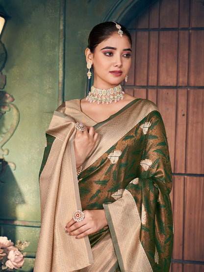 Monjolika Fashion Bottle Green Soft Banarasi Silk Blend Saree with Gold Zari Motifs and Contrast Blouse
