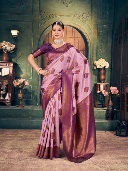 Monjolika Fashion Light Pink Soft Banarasi Silk Blend Saree with Purple Zari Border & Blouse Piece