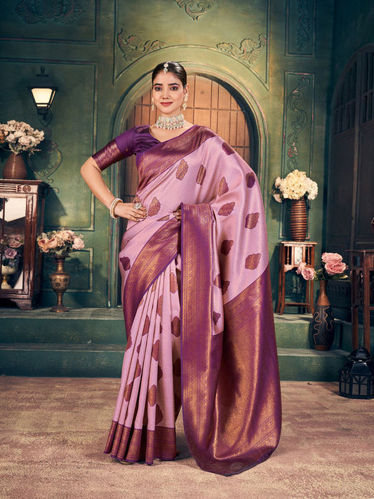 Monjolika Fashion Light Pink Soft Banarasi Silk Blend Saree with Purple Zari Border & Blouse Piece