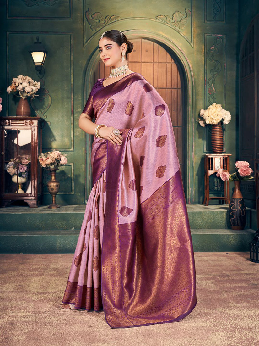 Monjolika Fashion Light Pink Soft Banarasi Silk Blend Saree with Purple Zari Border & Blouse Piece