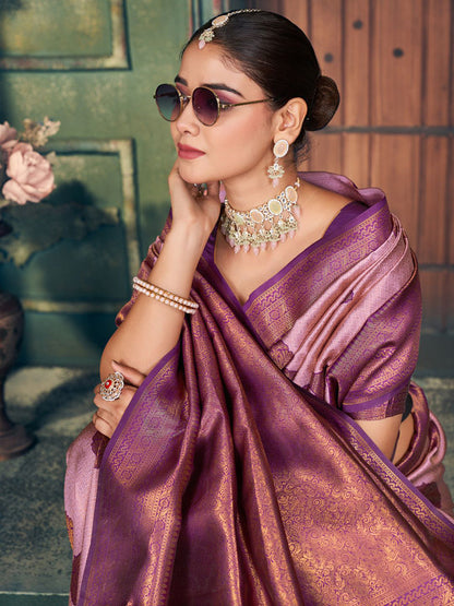 Monjolika Fashion Light Pink Soft Banarasi Silk Blend Saree with Purple Zari Border & Blouse Piece