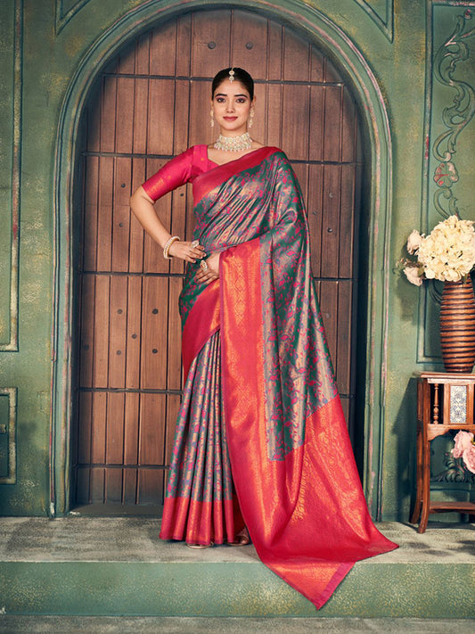 Monjolika Fashion Teal Green and Magenta Pink Soft Banarasi Silk Blend Saree With Blouse Piece