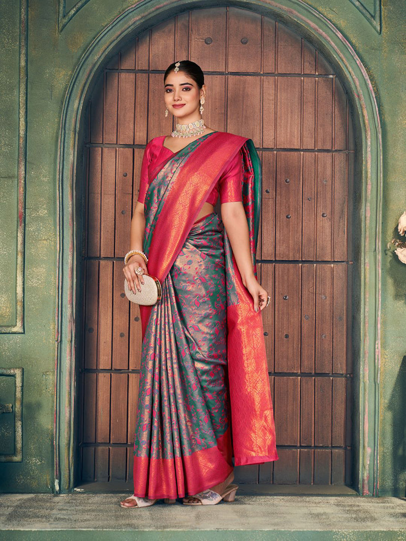 Monjolika Fashion Teal Green and Magenta Pink Soft Banarasi Silk Blend Saree With Blouse Piece