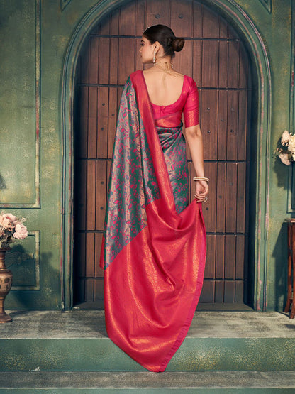 Monjolika Fashion Teal Green and Magenta Pink Soft Banarasi Silk Blend Saree With Blouse Piece