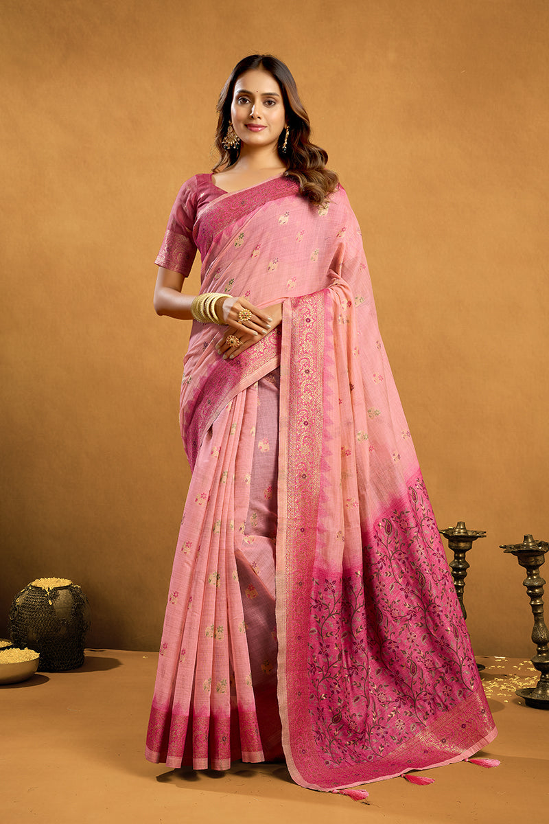 Monjolika Fashion Light Pink Cotton Blend Zari Woven Work Saree with Blouse Piece