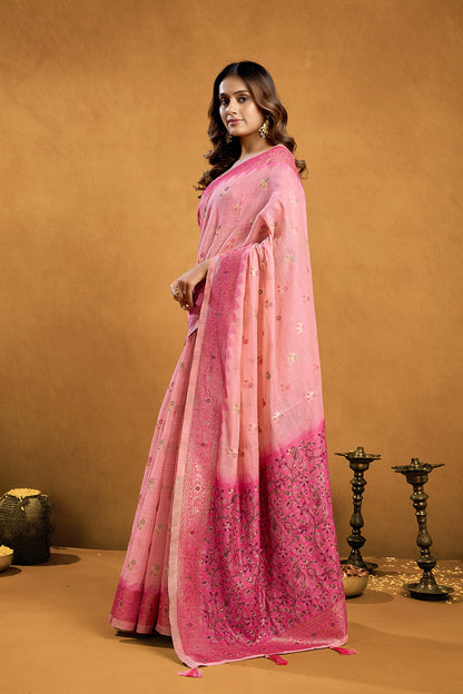 Monjolika Fashion Light Pink Cotton Blend Zari Woven Work Saree with Blouse Piece