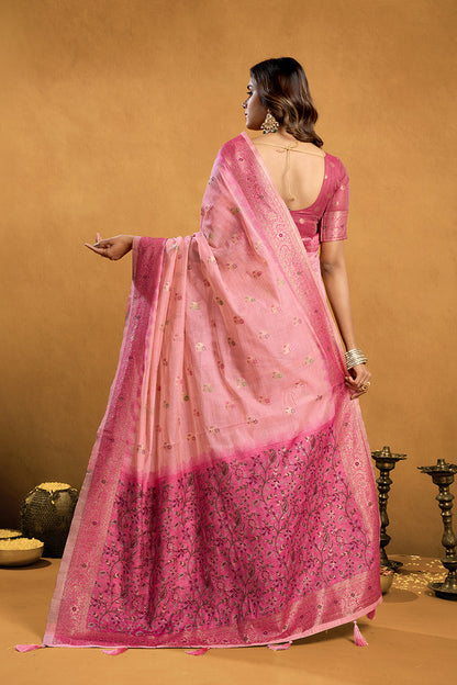 Monjolika Fashion Light Pink Cotton Blend Zari Woven Work Saree with Blouse Piece