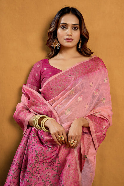 Monjolika Fashion Light Pink Cotton Blend Zari Woven Work Saree with Blouse Piece
